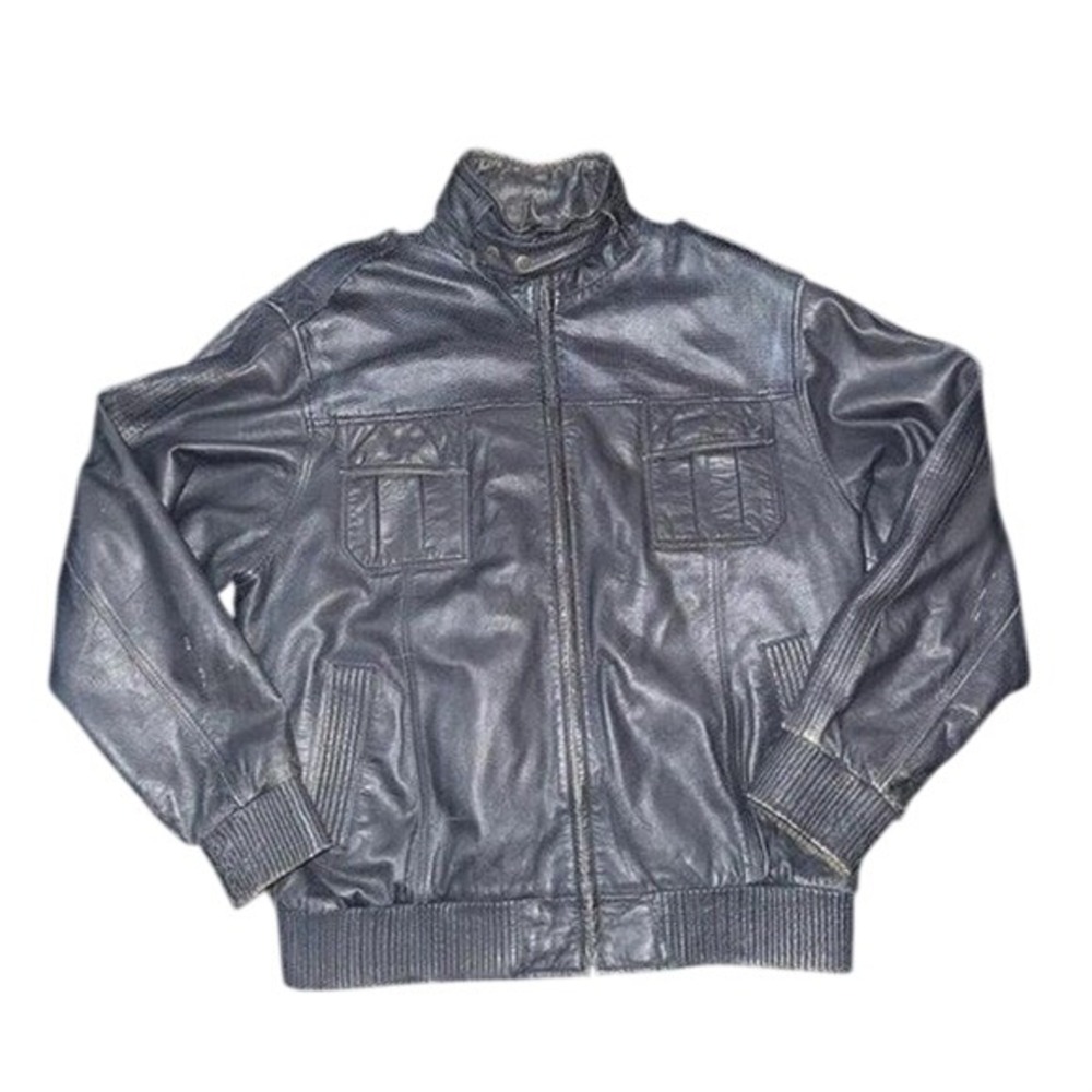 Hudson Outerwear Mens Black Genuine Leather Bomber Jacket 2XL Full Zip Moto